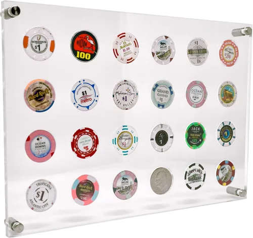 Soporte de exhibición de fichas de casino para 24 fichas o monedas | Vitrina de pared para fichas de póquer - Marco de exhibición de acrílico