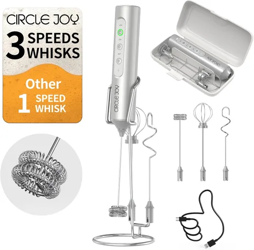 Miniatura 12 de CIRCLE JOY Varita espumadora de leche recargable de mano con 3 velocidades variables, 3 batidores y caja de almacenamiento, mezclador eléctrico