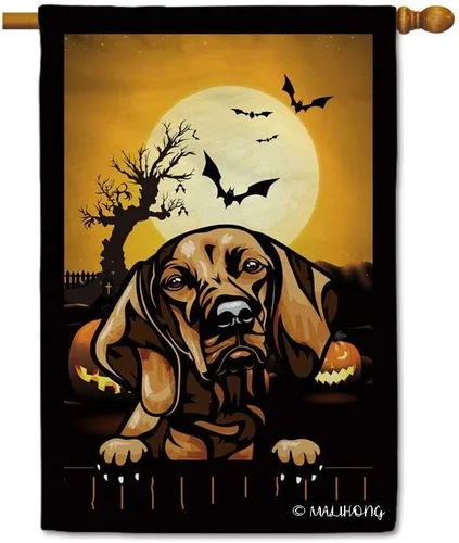Miniatura 41 de Bandera de jardín de calabaza de Feliz Halloween Jack O'Lantern con perro Rhodesian Ridgeback Halloween Bat Boo Bandera decorativa para patio al