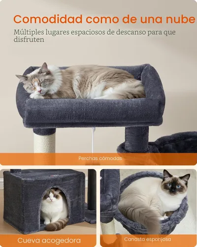 Miniatura 4 de Feandrea Árbol para gatos, torre para gatos con postes rascadores y rampa, 2 perchas grandes, cueva, canasta, 33.8 pulgadas de alto, gris oscuro