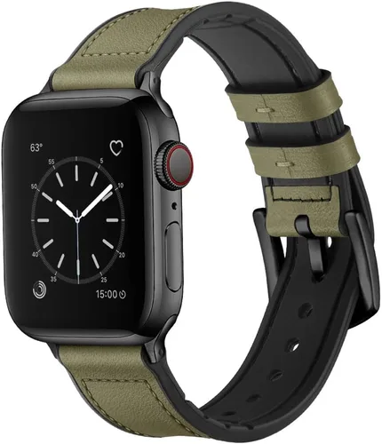 Miniatura 2 de OUHENG Correas de cuero compatibles con Apple Watch de 42mm 41mm 40mm 38mm, correa híbrida de cuero genuino y goma para iWatch Series 11 10 9 8 7 6