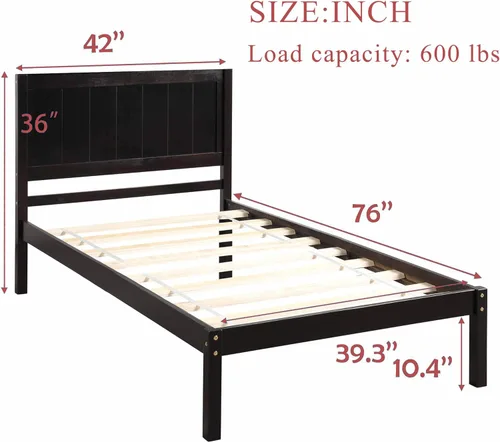 Miniatura 2 de Marco de cama de tamaño individual con cabecero, marco de cama de plataforma de madera, estilo rústico moderno, resistente, soporte de listones