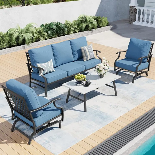 Miniatura 28 de SUNSHINE VALLEY Juego de muebles de patio, 4 piezas de muebles modernos de metal para exteriores, sofá de 3 plazas, 2 sillas mecedoras, mesa