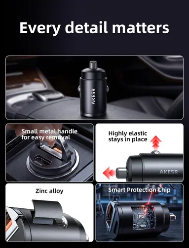 Miniatura 7 de AKESR Cargador de coche USB C de 65 W de carga rápida, accesorios de salida USB de 12 V para Carro, adaptador compacto para encendedor