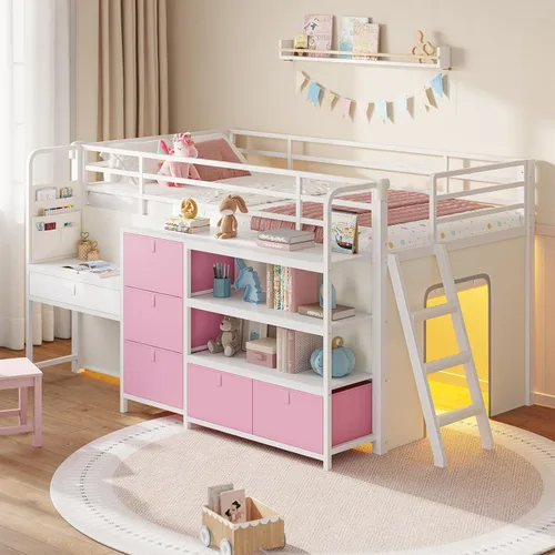 Miniatura 12 de DICTAC Cama alta baja con tobogán, escalera de almacenamiento y luces LED, cama alta de metal tamaño individual con espacio de juego debajo