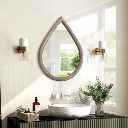 Miniatura 19 de Espejo con marco de madera, espejo de pared con forma de lágrima negra, espejo de pared rústico decorativo irregular para baño, sala de estar