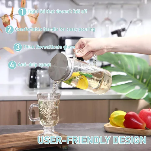 Miniatura 6 de 2 jarras de vidrio con tapa y boquilla, jarra de vidrio para agua caliente/fría con asa, jarras de té helado, jarras de bebidas para refrigerador