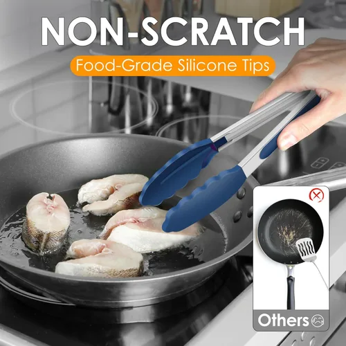 Miniatura 3 de HOTEC Pinzas de cocina premium de acero inoxidable con bloqueo y puntas de silicona, juego de 2-9" y 12", azul clásico Paquete de 2: azul clásico