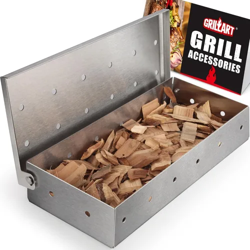 GRILLART Caja de ahumador de parrilla para asar a gas y todas las parrillas, cajas de ahumador de virutas de madera de acero inoxidable más gruesas,