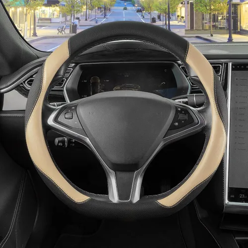 Miniatura 19 de SEG Direct - Cubierta para volante de base plana en forma de D, de 14-14 1/4 pulgadas para Tesla Model 3 / Y, para Camaro, cuero de microfibra negro