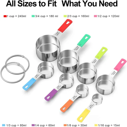 Miniatura 3 de Wildone Juego de 18 tazas y cucharas medidoras, incluye 8 tazas medidoras de acero inoxidable, 9 cucharas medidoras, 1 nivelador, ideal para Varios