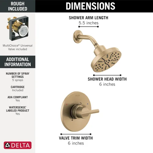 Miniatura 4 de Delta Nicoli Serie 14 H2Okinetic Juego de Grifería de Ducha, Cabezal de Ducha y Juego de Manija de Oro Cepillado, Kit de Moldura de Válvula, Bronce