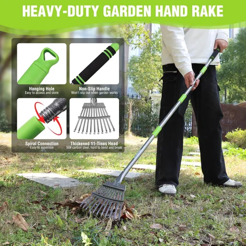 Miniatura 5 de WORKPRO Rastrillo, rastrillo pequeño para hojas con mango largo ajustable de 72 pulgadas, 11 púas de acero, rastrillos de hojas de metal resistentes
