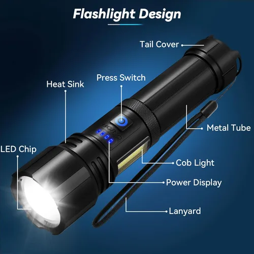 Miniatura 8 de Linternas recargables de alto lúmenes, 99,000 LM linterna LED brillante alimentada, linternas recargables USB y luces flash de mano impermeables