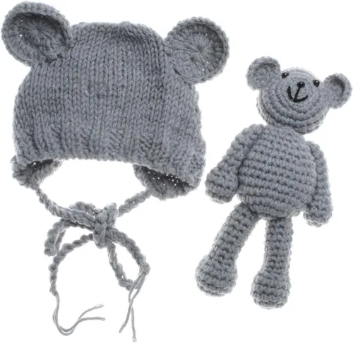 Accesorios para fotografías de bebés recién nacidos, gorro de lana y muñecos de oso Gris