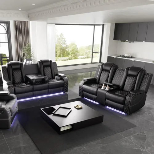 Miniatura 27 de Juego de sofá modular reclinable eléctrico con luz LED, juego de sofá modular reclinable de cuero, incluye sillón reclinable individual, juego