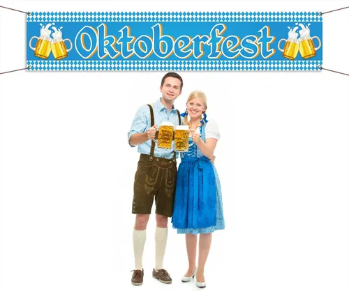 Miniatura 3 de Nepnuser Cartel de valla de Oktoberfest para decoración de fiesta temática de octubre alemán, bandera bávara azul, pancartas colgantes
