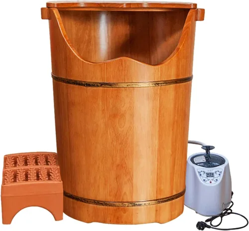HM&DX Bañera de madera de goma para remojar los pies,Cubo de baño de pies con máquina de vapor y taburete de masaje,Bañera de madera premium con