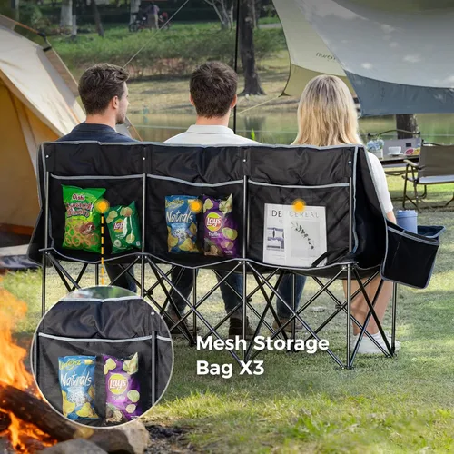 Miniatura 7 de Silla de campamento acolchada para 3 personas, sofá de campamento de gran tamaño, silla de campamento doble plegable resistente, sofá de dos plazas