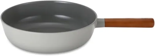 FIKA Wok antiadherente de 10 pulgadas con mango de madera, utensilios de cocina compatibles con inducción de cocción saludable para todas las