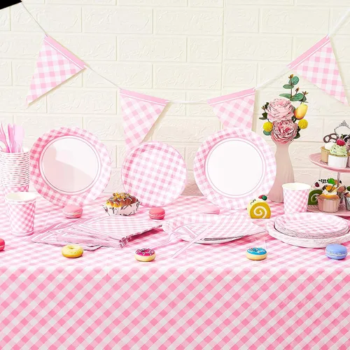 Miniatura 4 de Preboun 198 piezas de suministros de fiesta a cuadros para 24 invitados, mantel a cuadros, banderín, placa, servilleta y cubiertos para picnic, Rosa