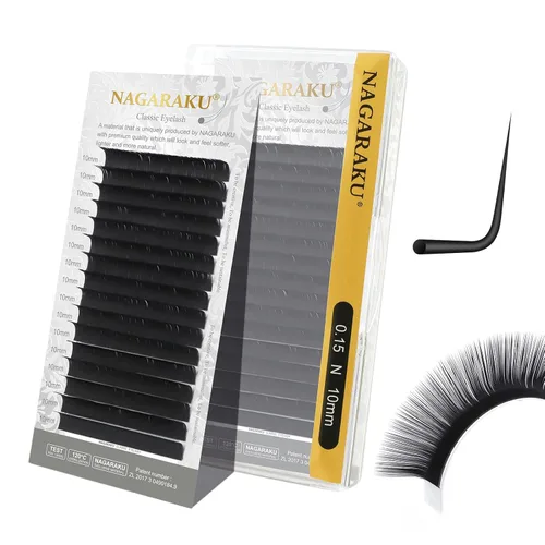 Miniatura 157 de NAGARAKU Extensiones de pestañas, pestañas individuales, 0.05mm, rizo D, 15mm, clásico, negro mate, suave, natural, profesional, 16 filas, 0.05-D