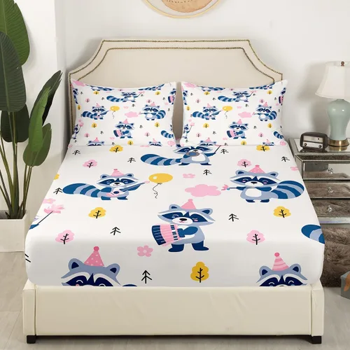 Miniatura 3 de Erosebridal Juego de sábanas tamaño individual de mapache para niños y niños, sábanas florales rosas de animales del bosque, juego de ropa de cama