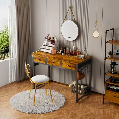Miniatura 6 de Lufeiya - Escritorio con cajones para dormitorio, oficina en casa, con 3 cajones de almacenamiento de tela y bolsillo, mesa de estudio para Marrón