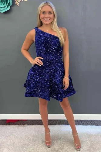 Miniatura 5 de Vestidos cortos de lentejuelas para fiesta de exalumnos, vestidos cortos brillantes de un hombro para adolescentes, vestido de baile acampanado