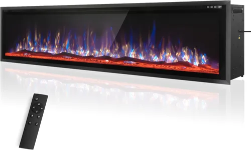 Miniatura 9 de PPHI Villa - Chimenea eléctrica ultra estrecha de 42 pulgadas, chimenea realista de alta llama montada en la pared/empotrada con cama multimedia