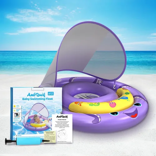 Miniatura 6 de Flotador de piscina para bebé con toldo de protección solar extraíble UPF50+, flotadores de natación para bebés de 6 a 24 meses, diseño doble extra