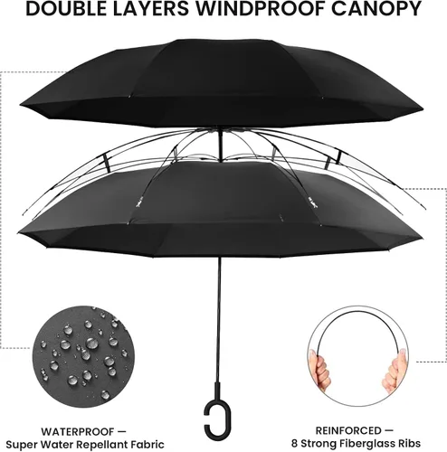 Miniatura 3 de G4Free Paraguas invertido grande de 62 pulgadas con mango en forma de C, resistente al viento, doble capa al revés, paraguas de lluvia