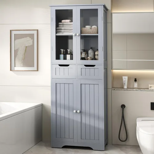 Betterhood Armario de almacenamiento de baño de 67 pulgadas de alto, gabinete independiente con puertas y estantes de vidrio, despensa de baño