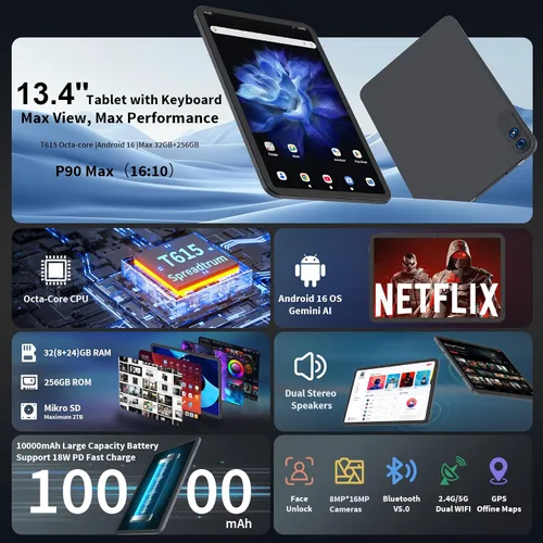 Miniatura 2 de Tablet Android 16 de 13 pulgadas 2026 con teclado, 32 GB+256 GB+2 TB expandir, tabletas PC con Gemini AI, Octa-Core, 10000mAh, pantalla de 120 Hz