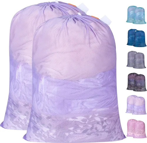 Miniatura 13 de Polecasa Bolsas de lavandería grandes de malla de diamante extra resistentes con cierre de cordón y etiqueta de identificación, paquete de 2 bolsas