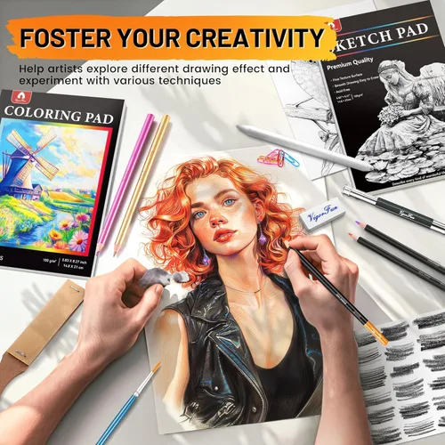 Miniatura 7 de Kit de bocetos de 106 piezas de suministros de arte, lápices de dibujo profesional con cuaderno de bocetos de 3 colores, libro para colorear, Negro