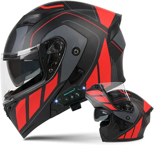 Miniatura 10 de Casco de motocicleta modular Bluetooth con aprobación DOT, antiempañamiento, doble visera, cara completa, abatible, con altavoz y micrófono