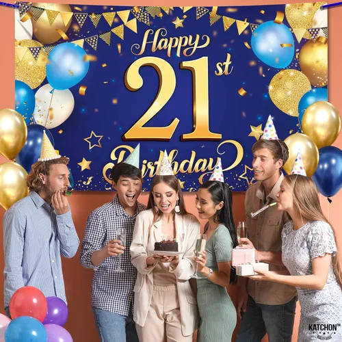 Miniatura 7 de KatchOn, Cartel de feliz cumpleaños número 21 azul y dorado – XL, 72 x 44 pulgadas Cartel azul y dorado para decoraciones de cumpleaños 21