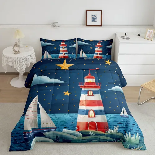 Miniatura 9 de Erosebridal Juego de edredón de ballena náutica, tamaño individual, juego de ropa de cama vintage azul con ondas oceánicas para niños y niñas