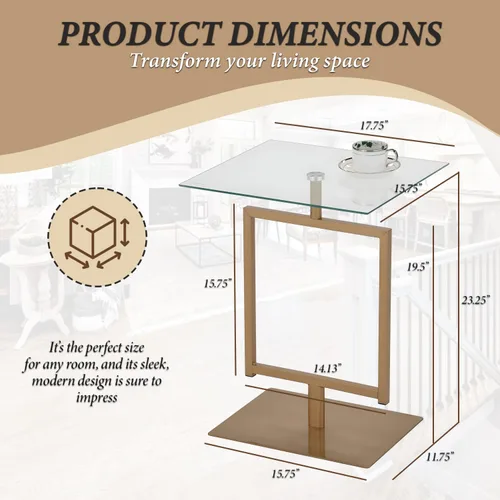 Miniatura 2 de Kings Brand Furniture Molein - Mesa auxiliar, base de metal dorado con parte superior de vidrio templado, moderna mesa rectangular con pedestal