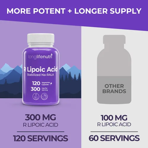 Miniatura 3 de LongLifeNutri Ácido R-alfa lipoico estabilizado de 300 mg – Suplemento Na-RALA de alta potencia para energía celular y función metabólica, 120