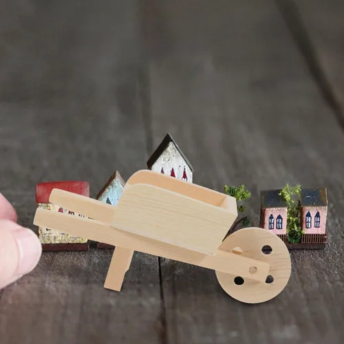 Miniatura 5 de jojofuny Modelo de carretilla de madera pequeña, carrito en miniatura para casa de muñecas, jardín de hadas y decoración del hogar, diseño ligero