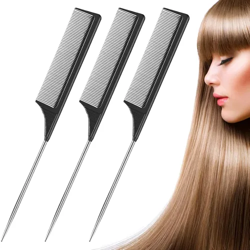 Paquete de 3 peines de cola de rata, resistente al calor, peine de dientes finos de fibra de carbono para separación y burlas del cabello de cola de