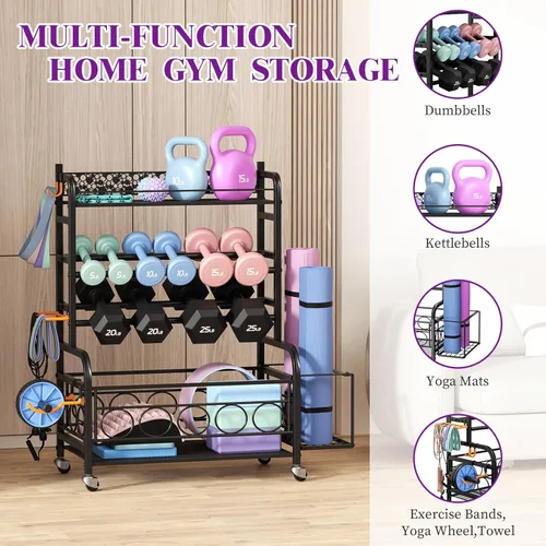 Miniatura 6 de VOPEAK - Estante de pesas ajustable para gimnasio en casa, estante de almacenamiento para esterilla de yoga, pesas rusas y equipo de entrenamiento