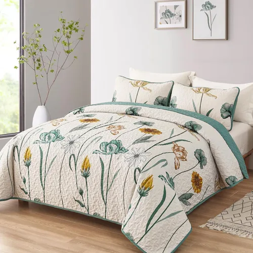 Miniatura 2 de WONGS BEDDING - Juego de edredón floral tamaño Queen, edredón botánico verde y amarillo con 2 fundas de almohada, juego de ropa de cama ligera