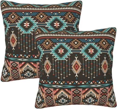Miniatura 7 de Juego de 2 fundas de almohada de estilo étnico vintage, estampado geométrico azteca, étnico, tribal, para dormitorio, sala de estar, sofá