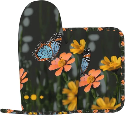 Miniatura 13 de Juego de guantes de horno y soportes para ollas pintados a mano con libélula impresos, resistentes al calor, antideslizantes, guantes de cocina, 2