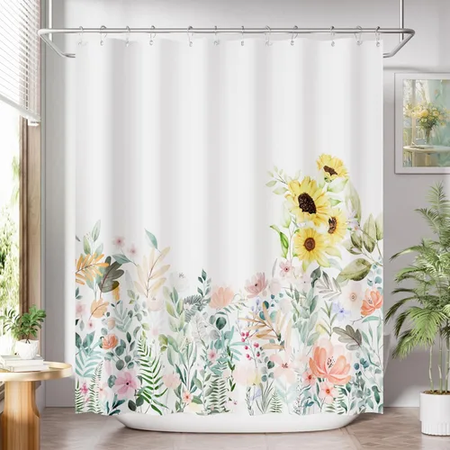 Miniatura 28 de AmazerBath Cortina de ducha floral, juego de cortinas de ducha lavables de tela con 12 ganchos para cortina de ducha, cortinas de ducha de tela C