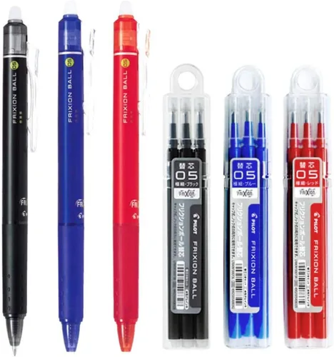 Pilot FriXion Ball Knock - Bolígrafos retráctiles de tinta de gel borrable, punta extrafina de 0.020 in, tinta negra/azul/roja, 3 bolígrafos y 9
