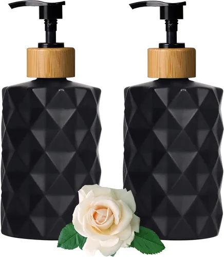 Miniatura 20 de Dispensador de jabón de vidrio verde con bomba de plástico negro, dispensador de jabón líquido para manos recargable de 12 oz, paquete de 2 botellas